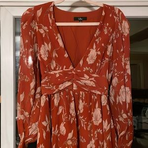 Autumn Dreams Rust Orange Floral Print Long Sleeve Mini Dress